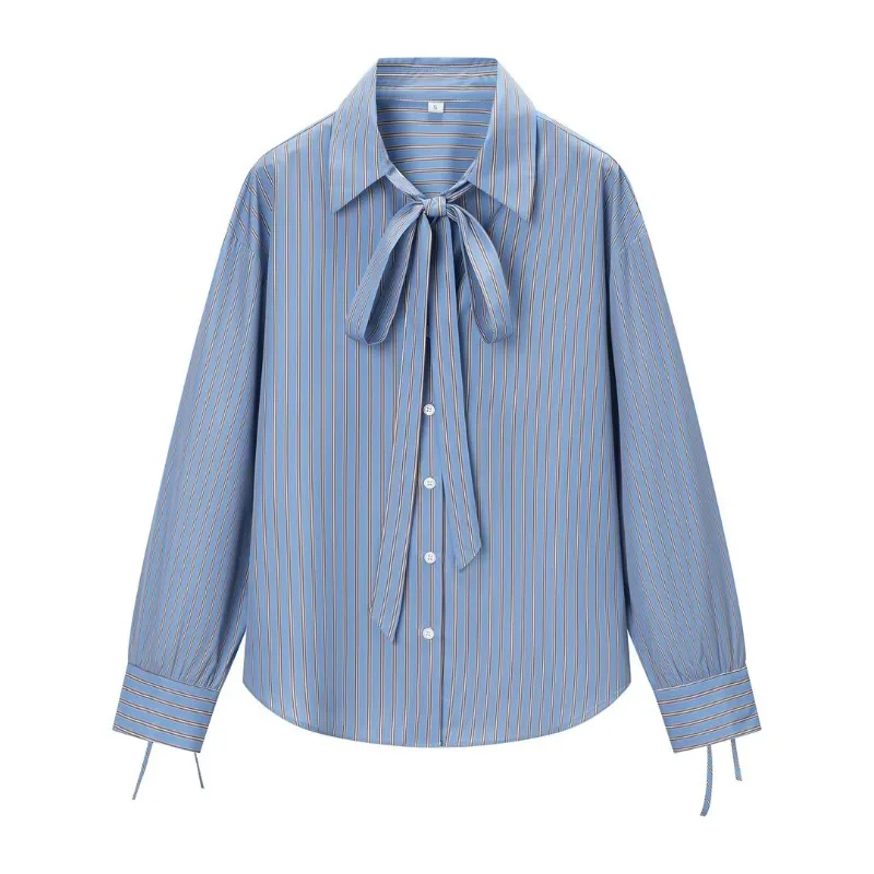 

CharmChant Women's Blue Striped Tie-Collar Oversized Shirt spring autumn Chic Minimalist Style Long Sleeve Blouse Tops for Woman