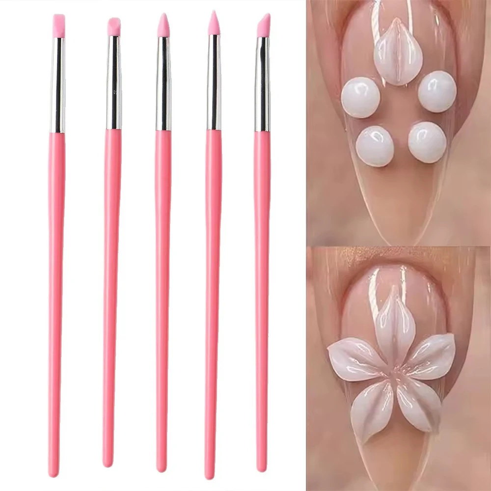 5 個 3D エンボスシリコンネイルアートブラシピンク彫刻ペンパウダーブラッシングペイント/フラワーカービング/ドットマニキュアブラシ用_