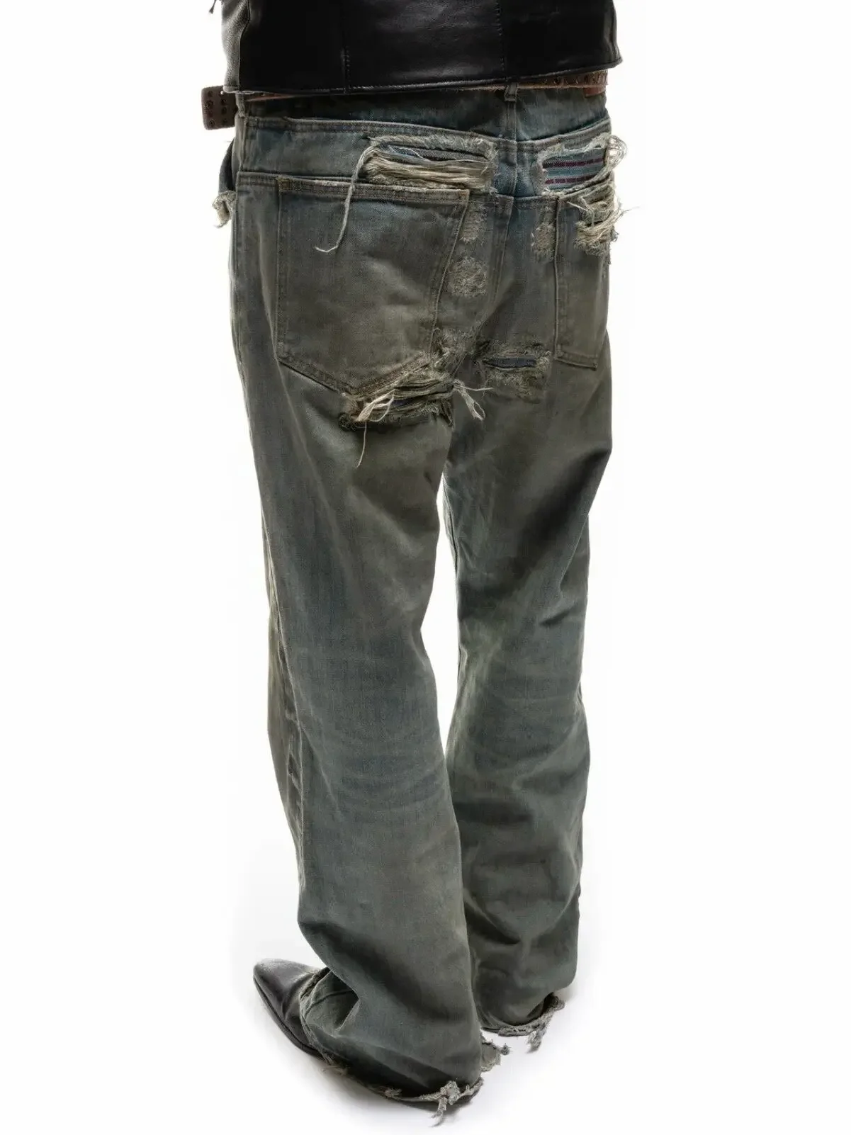 No Faith studios limited red ear rimmed Danny denim washed old splicing original cow pants