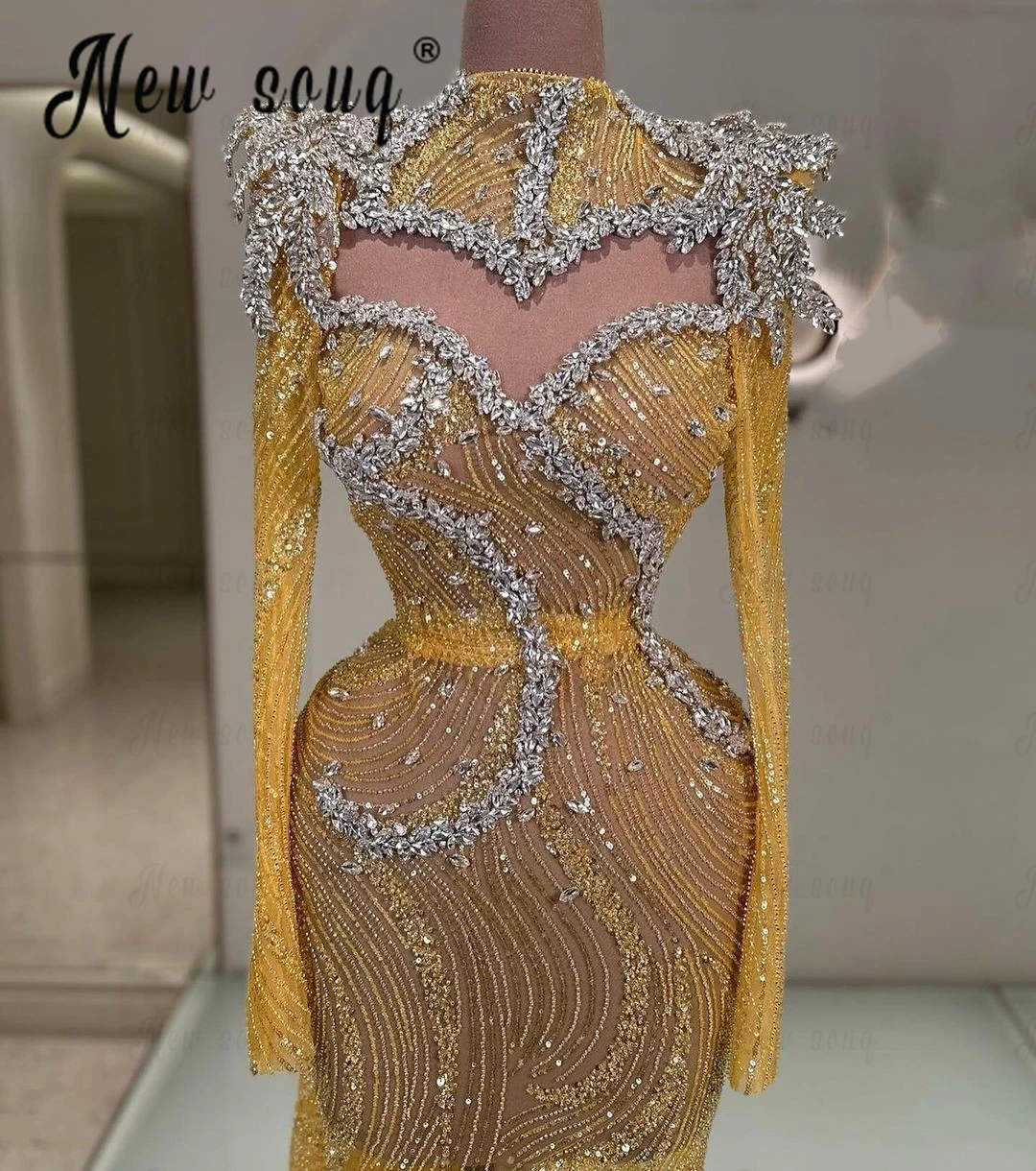 African Aso Ebi Gold Mermaid Vestidos de noite com trem lateral para mulheres, lantejoulas de contas longas, vestido de festa feminino, personalizado para meninas negras, 2024