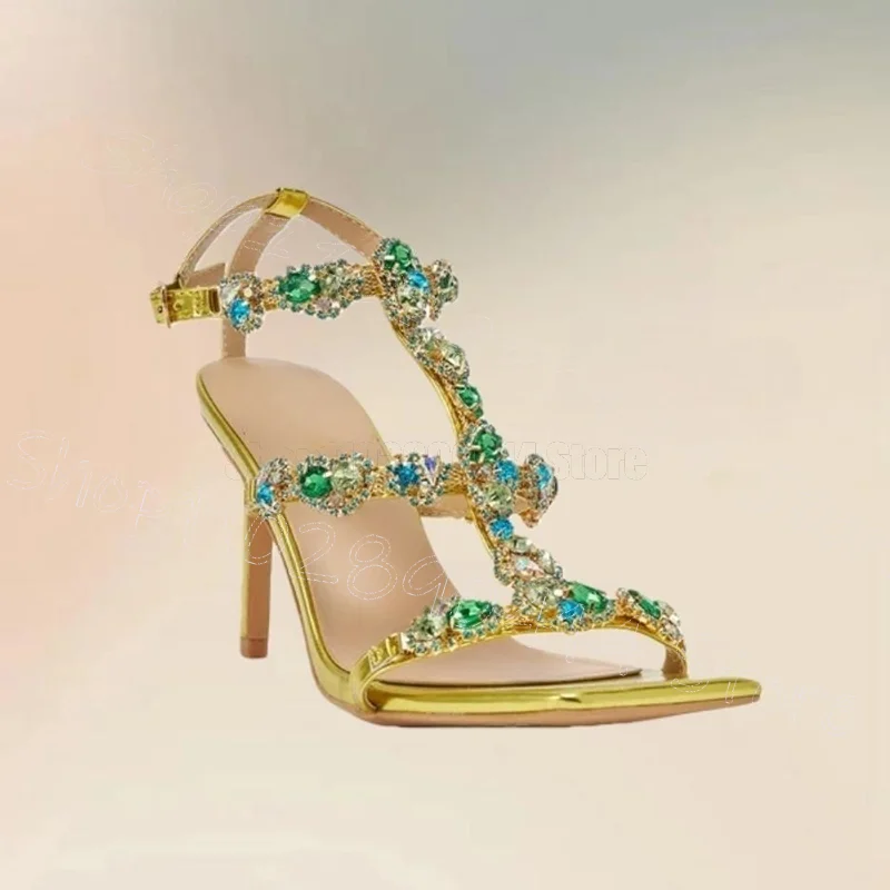 

Green Crystal Design Open Toe Sandals Buckle Strap Women Shoes Thin High Heels New Fashion Party Dating 2026 Zapatos Para Mujere