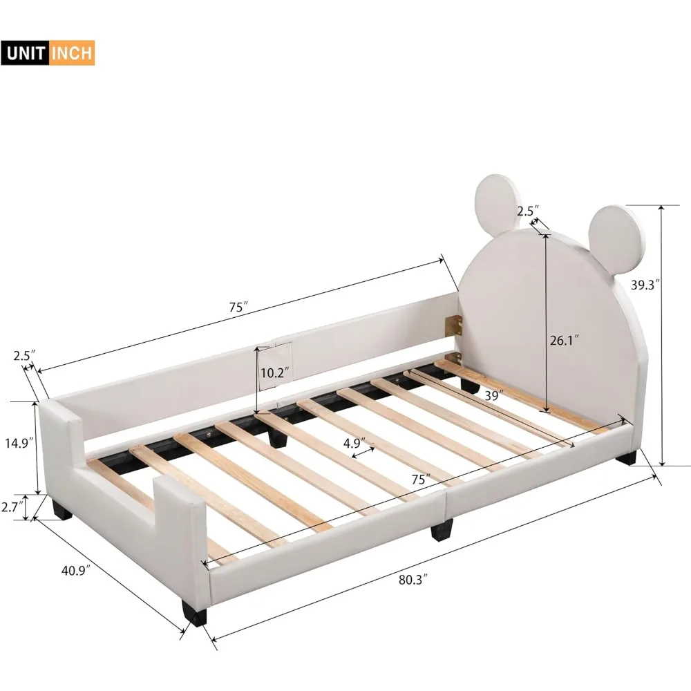 Twin Size Bed Frame with Carton Ears Shaped Headboard, Boys Girls Kids Adults Toddler, Upholstered Daybed