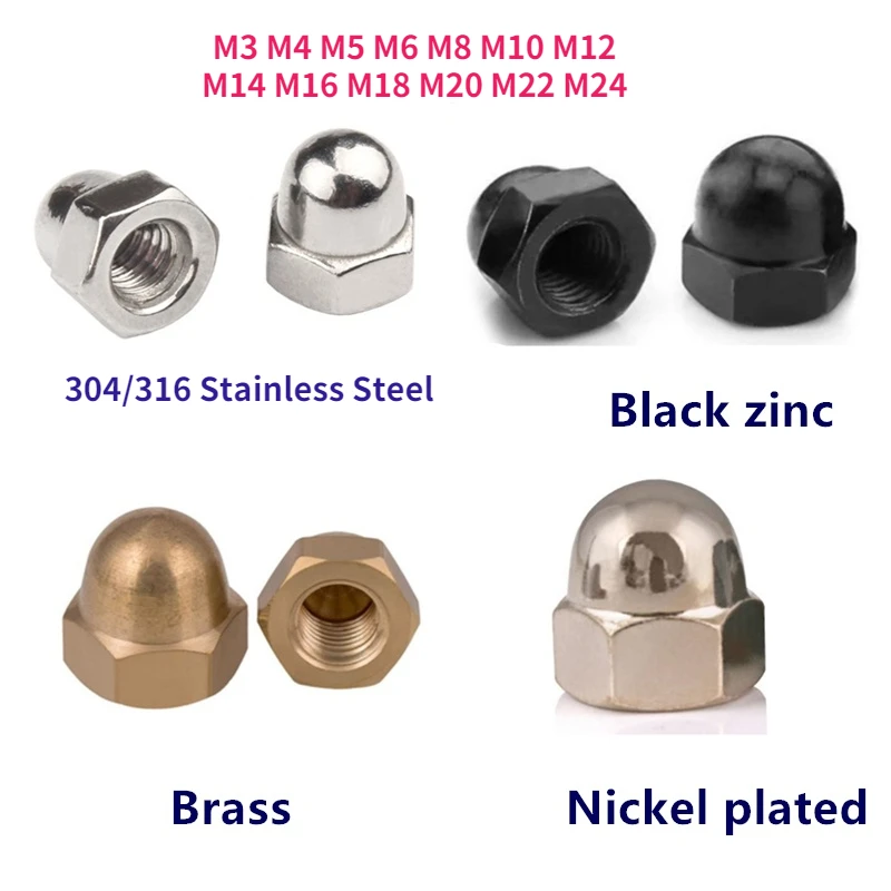 M3 M4 M5 M6 M8 M10- M24 Stainless Steel Brass Black Carbon Steel Acorn Cap Nut Hex Metric Threaded Hexagon Nut