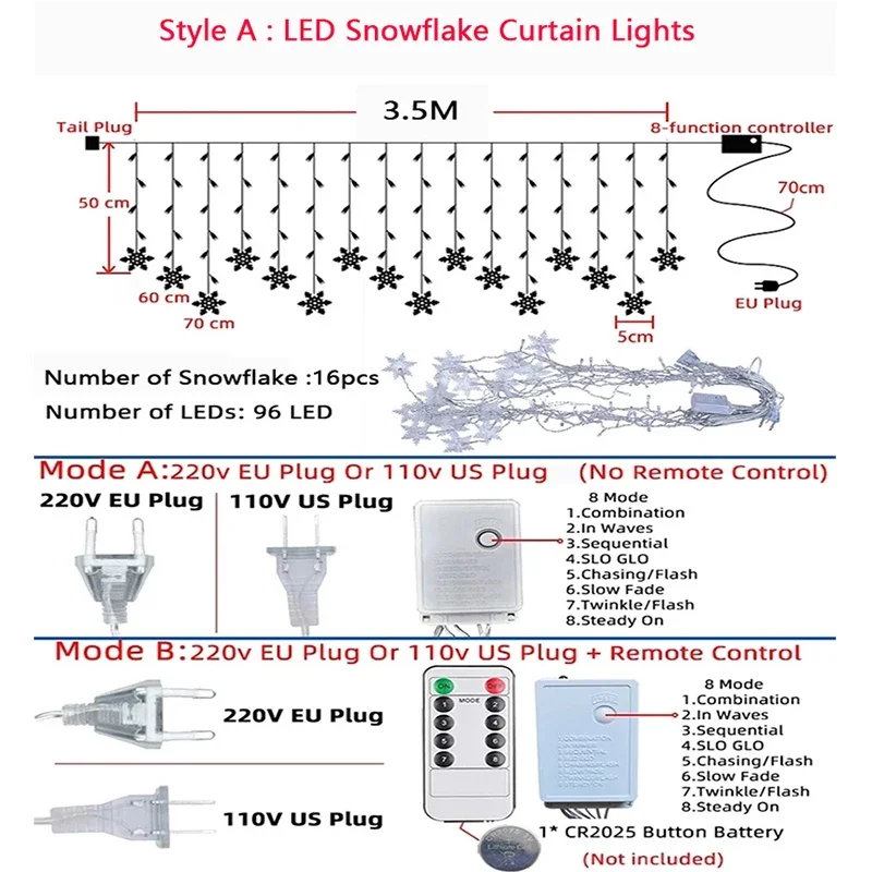 2024 luzes de natal led floco de neve guirlanda cortina luzes da corda de fadas para casa quarto festa de casamento feriado decoração de ano novo