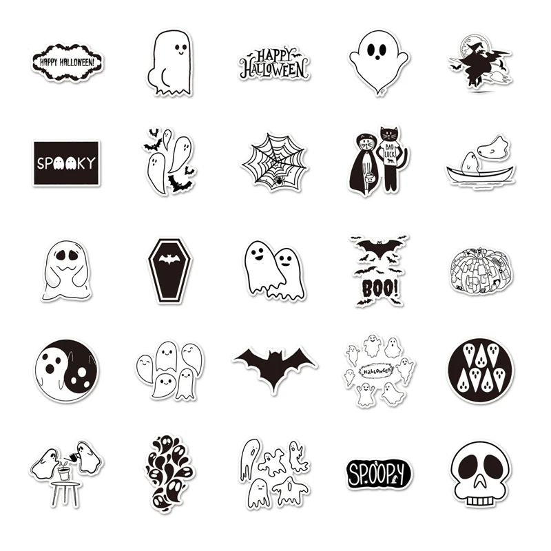 50 pçs preto e branco halloween adesivos scrapbooking diy pasters decoração para casa telefone portátil à prova dwaterproof água dos desenhos animados acessórios