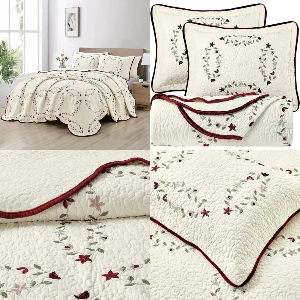 

Cotton Embroidered Quilt Set with Traditional Patterns, 3-Piece King Size, Prewashed