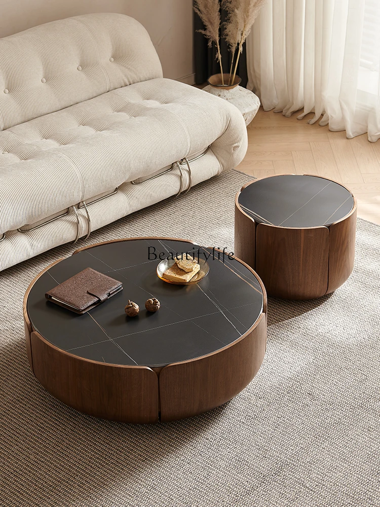 

Italian minimalist light luxury round petal solid wood rock slab coffee table combination walnut