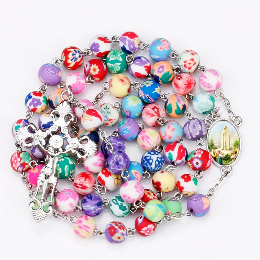 Neue Religionskreuz-Anhänger-Rosenkranz-Halsketten für Frauen, bunte, weiche Keramikperlen, lange Kette, Schmuck mit der Jungfrau Maria – Detail 7