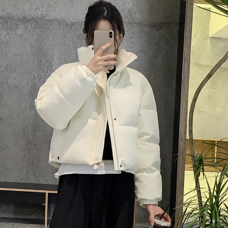 2024 Streetwear Faux Pu Leather Parkas Women Winter Stand Collar Short Down Cotton Jackets Woman Korean Fashion Zipper Outwear