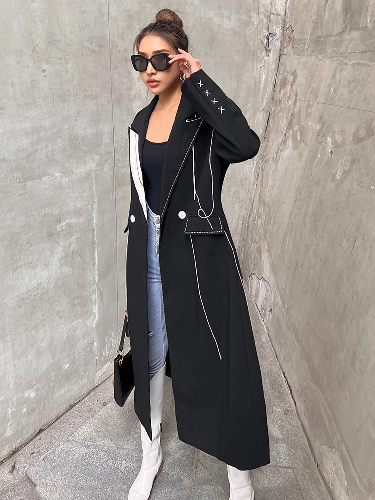 Imagem -04 - Twotwinestilo Mulheres Trench Coat com Linha Brilhante Decoração Cabolsa Reto com Lace-up Manga Longa Lapela Estilo Outono