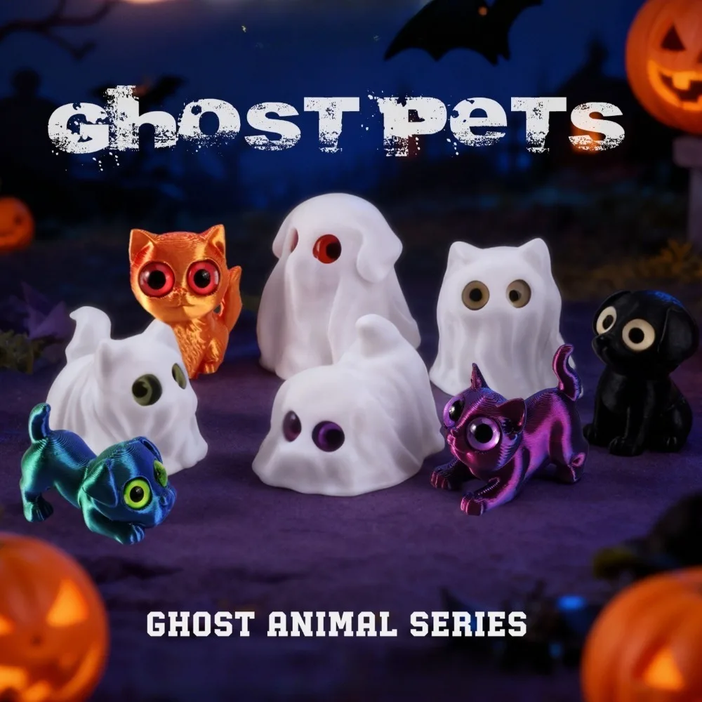 Halloween Ghost Pet 3D Printed Animal Figure Cute Ghost Cat Dog Desktop Decoration Articulated Collectible Home Party Decor Gift