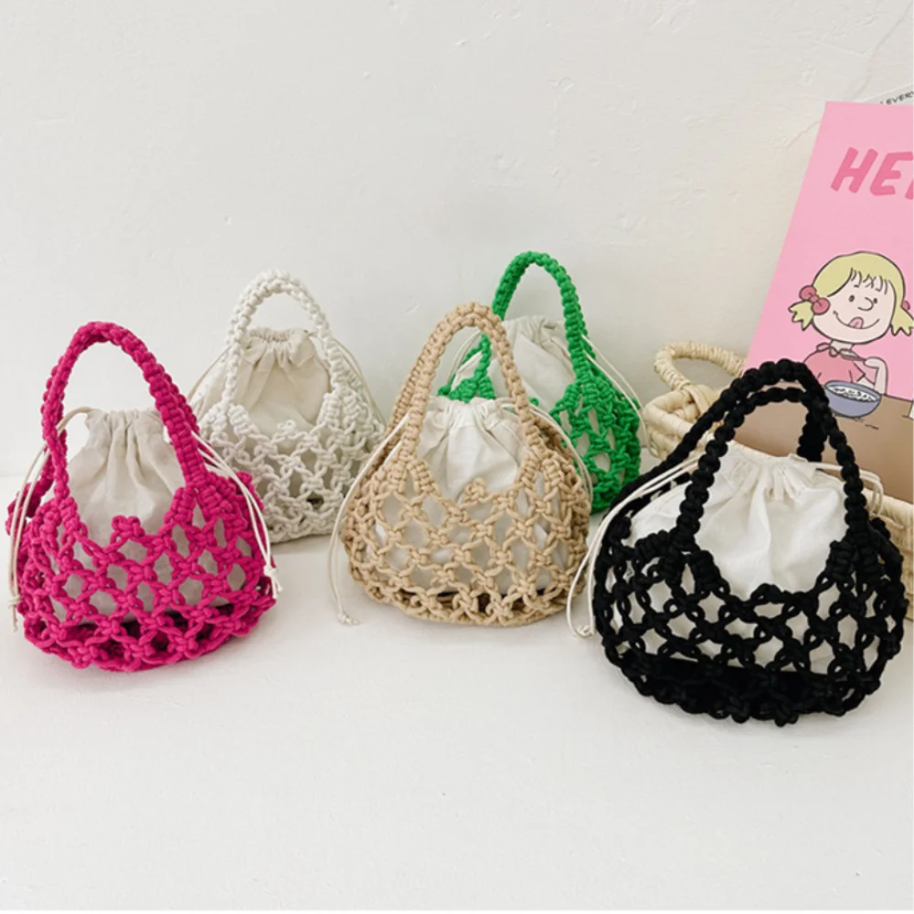 New Summer Beach Bag Cute Woven Small Basket Hollow Out Children\'s Handbag Trendy Funny Straw Woven Bag with Drawstring