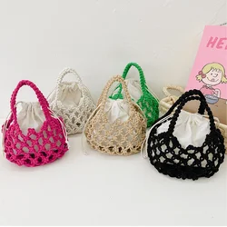 New Summer Beach Bag Cute Woven Small Basket Hollow Out Children's Handbag Trendy Funny Straw Woven Bag with Drawstring