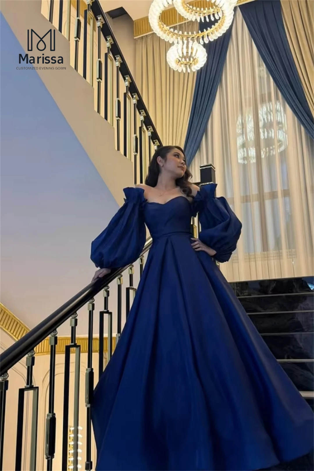 Marissa Abiti da sera da donna di lusso su misura Donna Elegante abito da festa elegante da donna di lusso Linea A Raso Blu navy