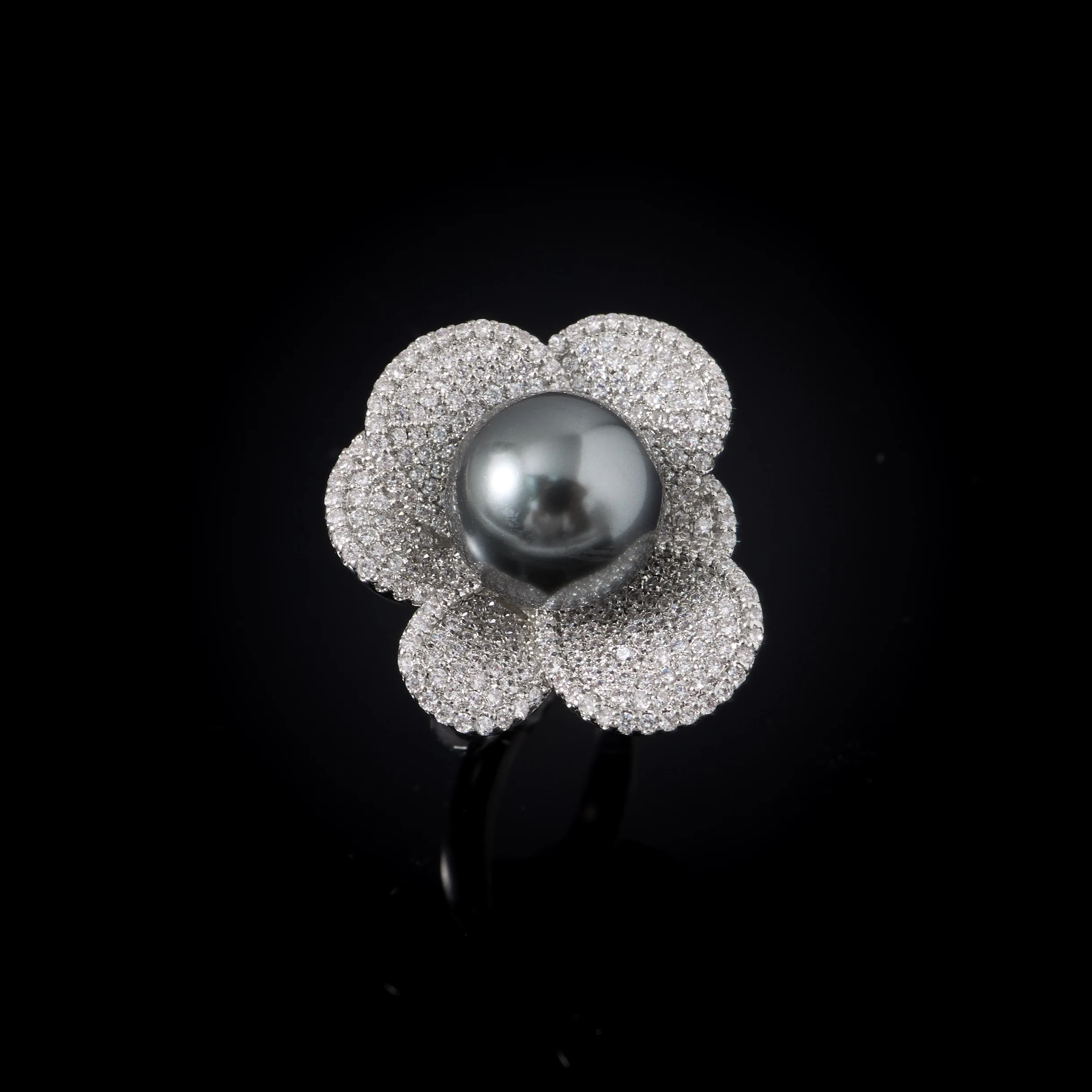 020006R Big Flower Imitation Pearl Resizable Ring For Women CZ Pave Statement Open Ring Arabic Islamic Middle East Fashion Jewel