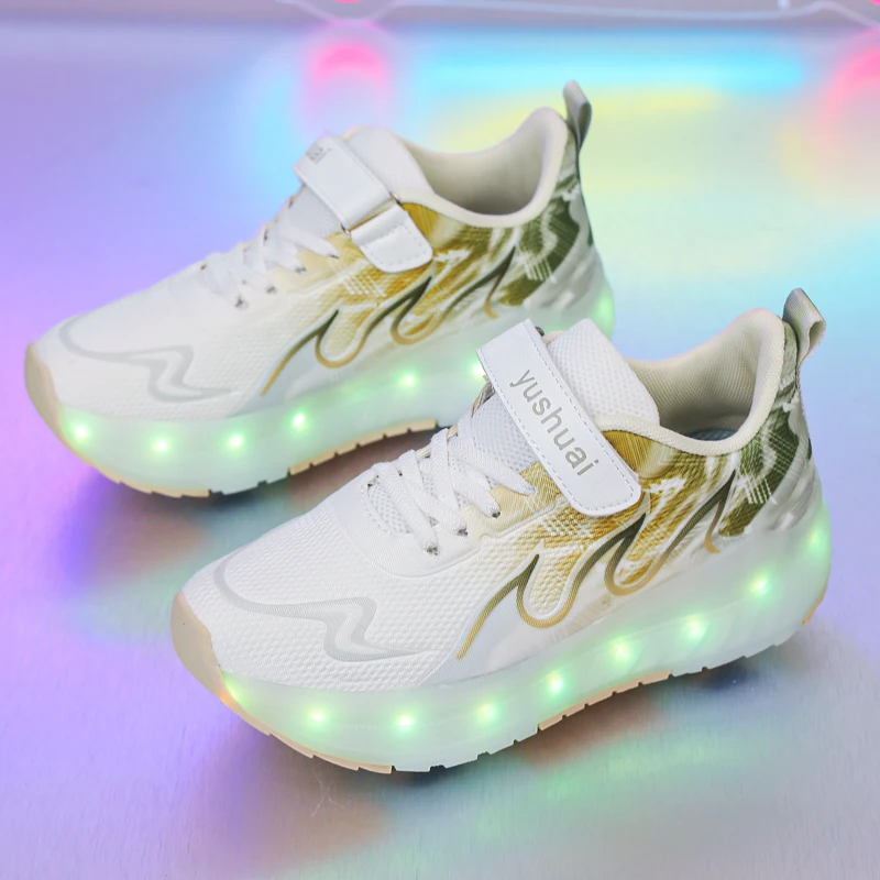 Boys Girls Roller Shoes Gift Casual High Quality LED Lights Flashing Youth Urban Parkour Deformation With 4 Wheels Skate Shoes