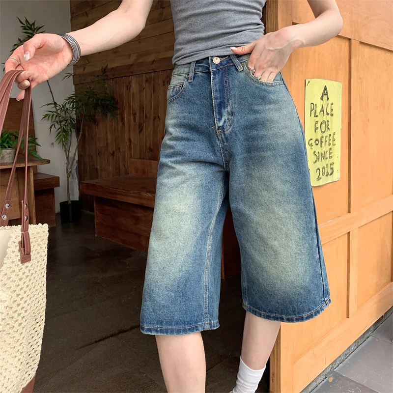 

2025 Trend Women's Y2K Jeans - High Waist Vintage Blue Wide Leg Denim Capris Petite Friendly Relaxed Fit Straight Cut Cropped