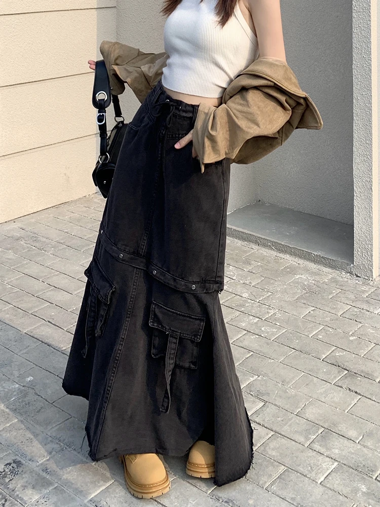 Vintage Detachable Hot Girls Women's High Waist Mid-Length Skirts A-Line Fashion Y2K Maxi Skirts Girls Cargo Skirts with Pocket