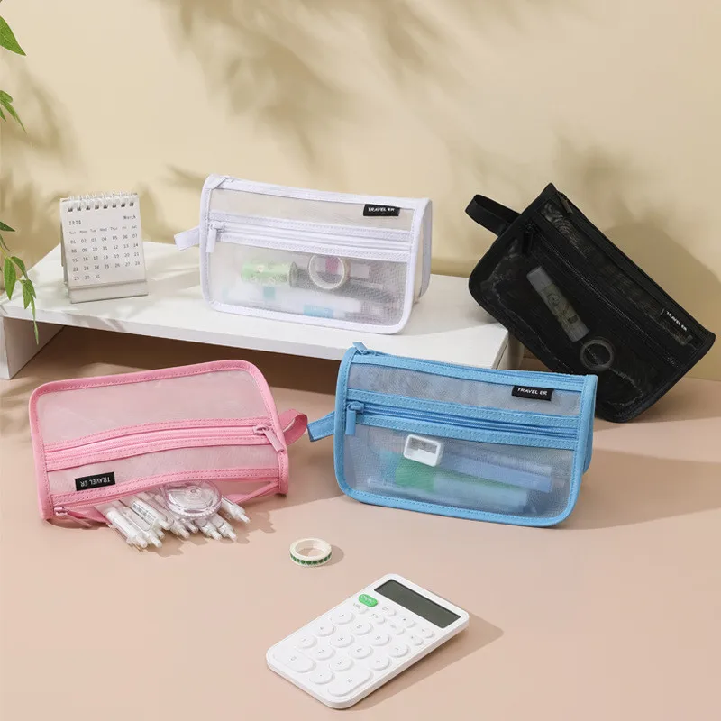 Simple Visible Mesh Makeup Brushes Storage Bag Large Capacity Students Stationery Organizer Bags Colored Nylon Mesh Pencil Case image 4