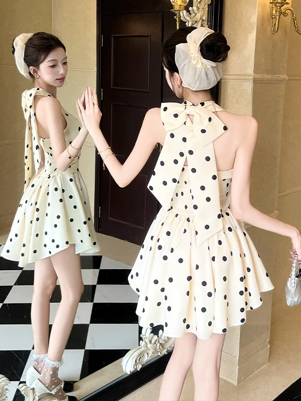 

Design Sensation Small Audience Backless Polka Dot Dress Elegant Knot Short Skirt Women Summer V Neck a Line Skirt