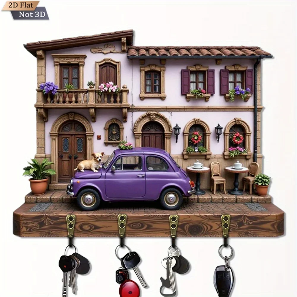 2D Flat Design, 1pc, Purple Car And House Shaped Key Hook, Wooden Multi-Functional Home Key Holder, with Four Metal Hooks,