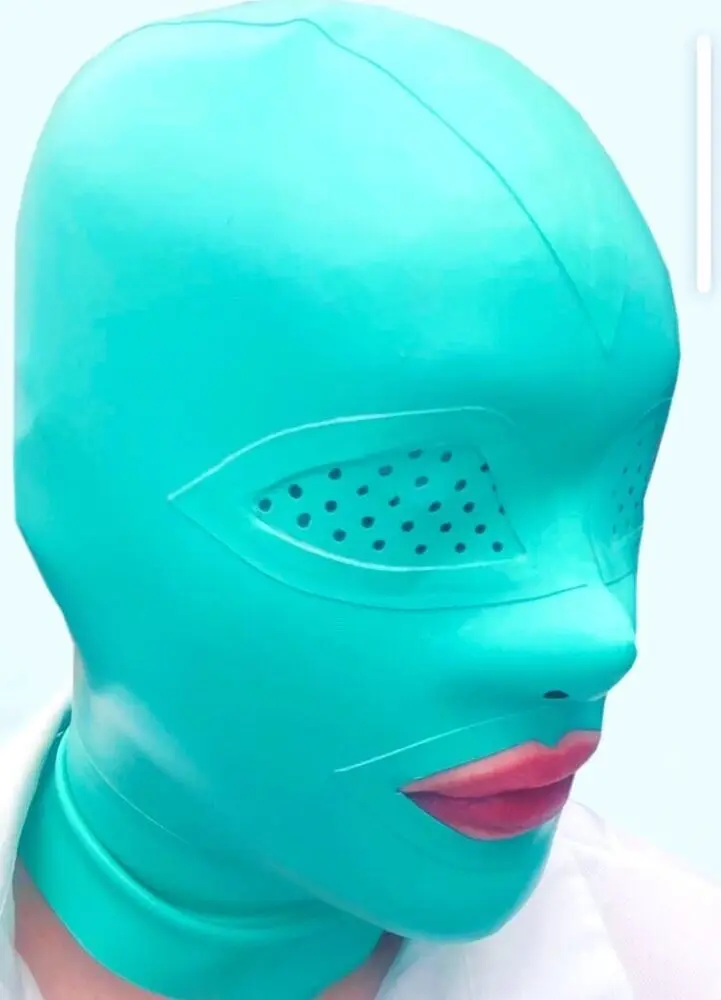 

Latex Gummi Rubber Lightblue Hood/mask Pepperpot Eyed Hood with Zip Size S-XXL