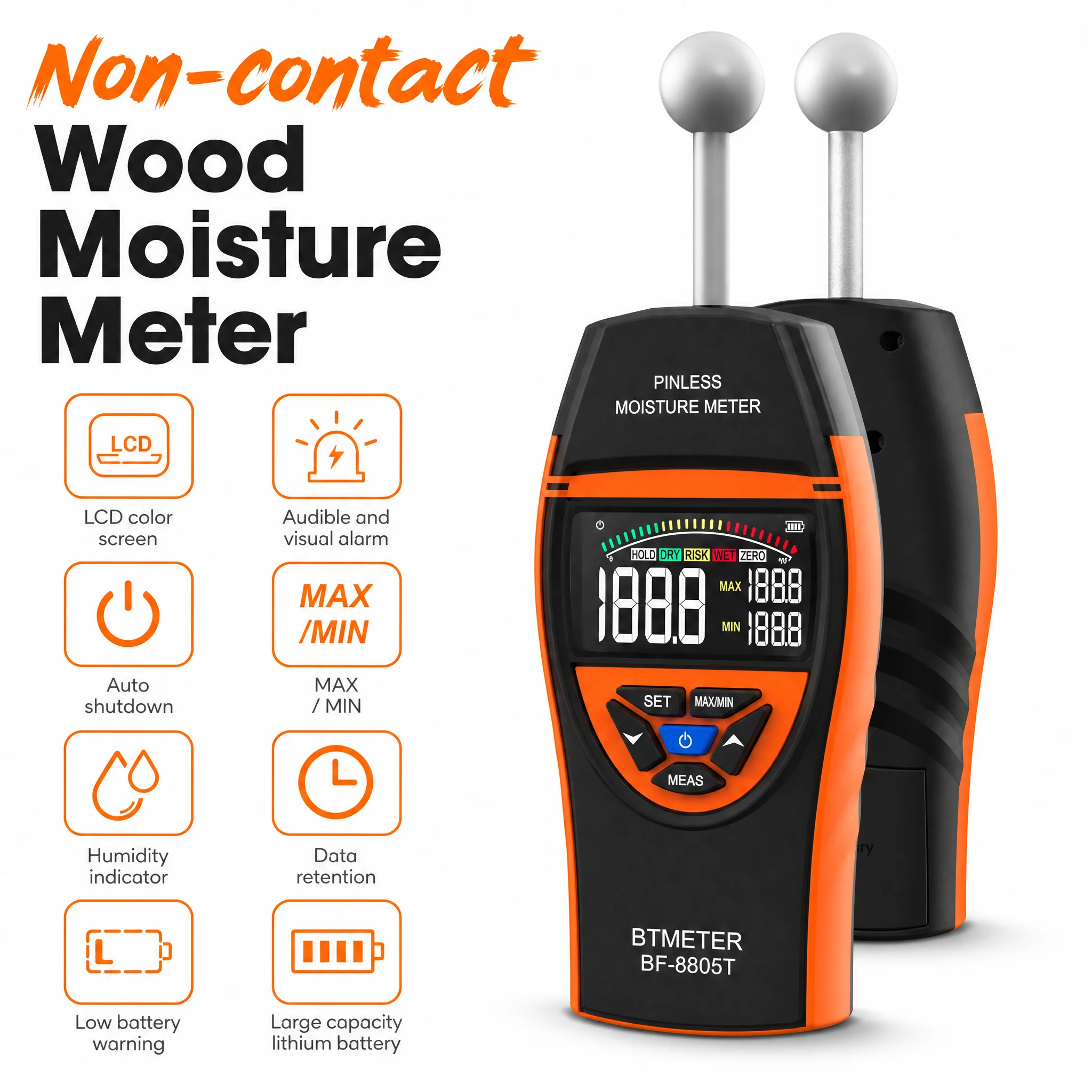 Pinless Digital Moisture Meter Non-Destructive 20-40mm Spherical Sensor Color LCD Type-C for Wood Concrete Cement Plaster Walls