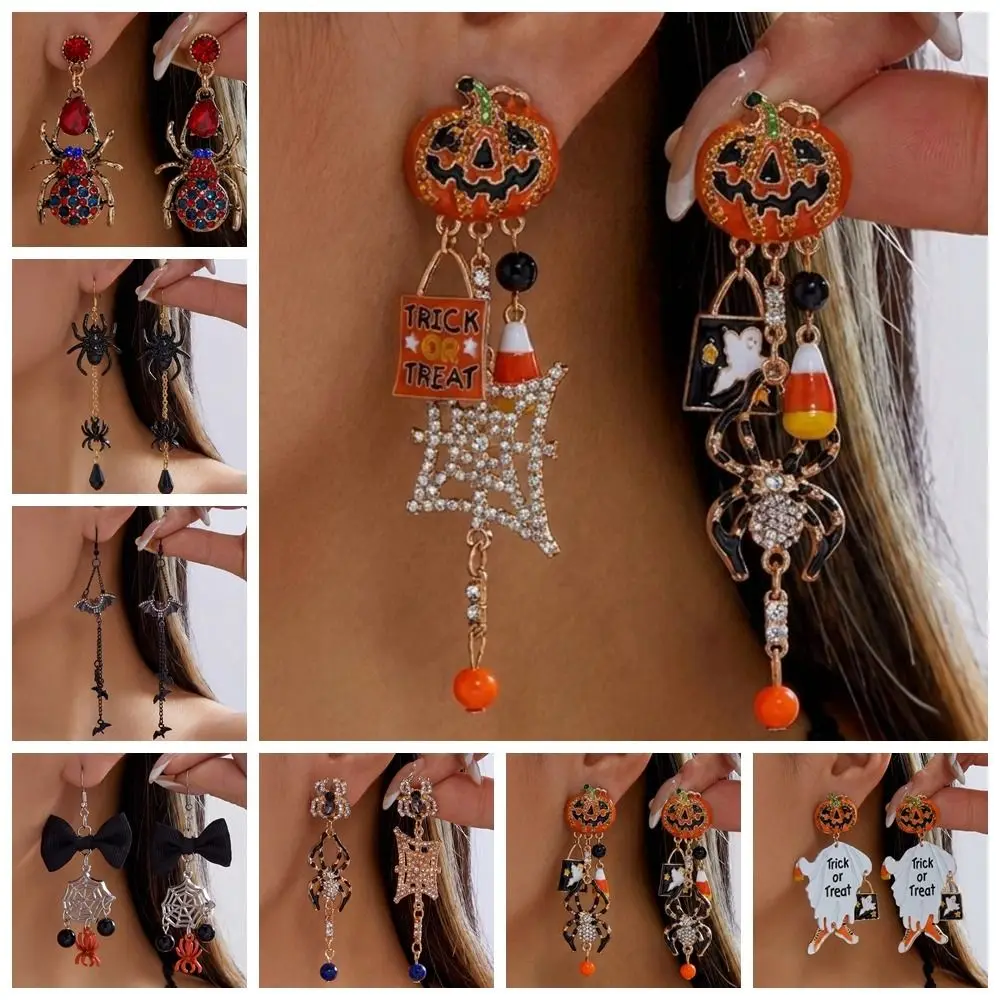 Trend Rhinestone Halloween Earrings Zircon Trick or Treat Pumpkin Ear Studs Dark Jewelry Long Tassel Drop Earrings Gift