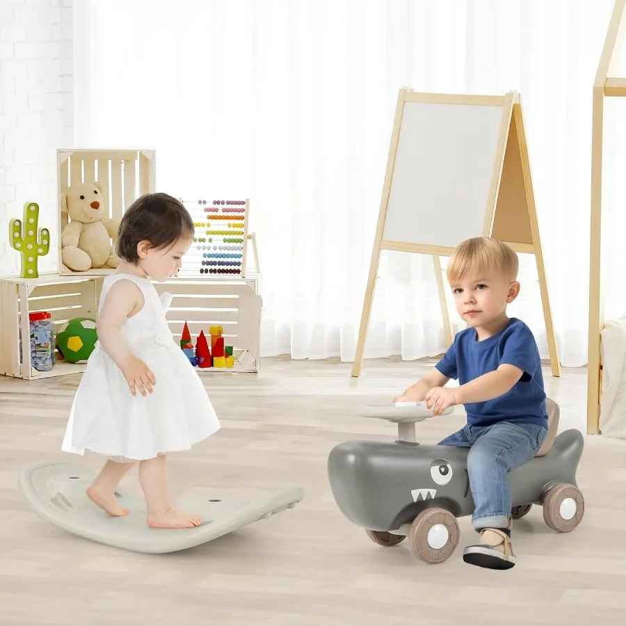 3 in 1 Rocking Horse, Ride On Push Car for Toddlers w/Detachable Balance Board, Smooth Wheels & Anti-Slip EVA Strips, Shark Rock