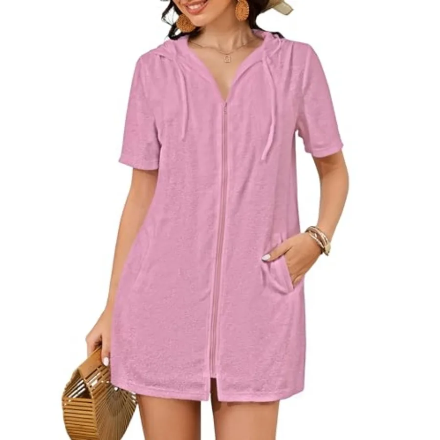 Bsubseach Terry Cloth Cover Up - Women 2026 Zipper Swimsuit Coverup Hooded Swim Robes Beach Coverups with Pockets