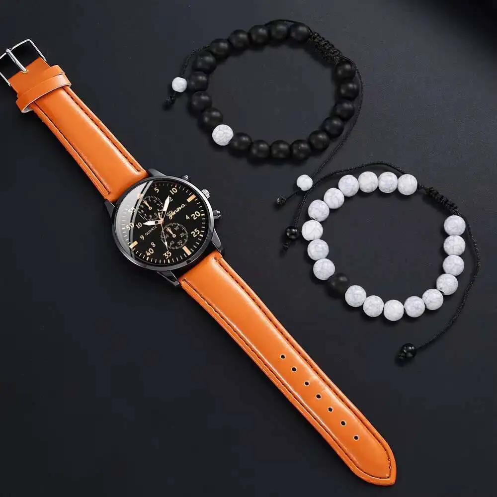 3 шт./компл. модные мужские часы, повседневный кожаный ремешок, мужские деловые кварцевые часы, браслеты с бусинами, набор Reloj Hombre (без коробки)