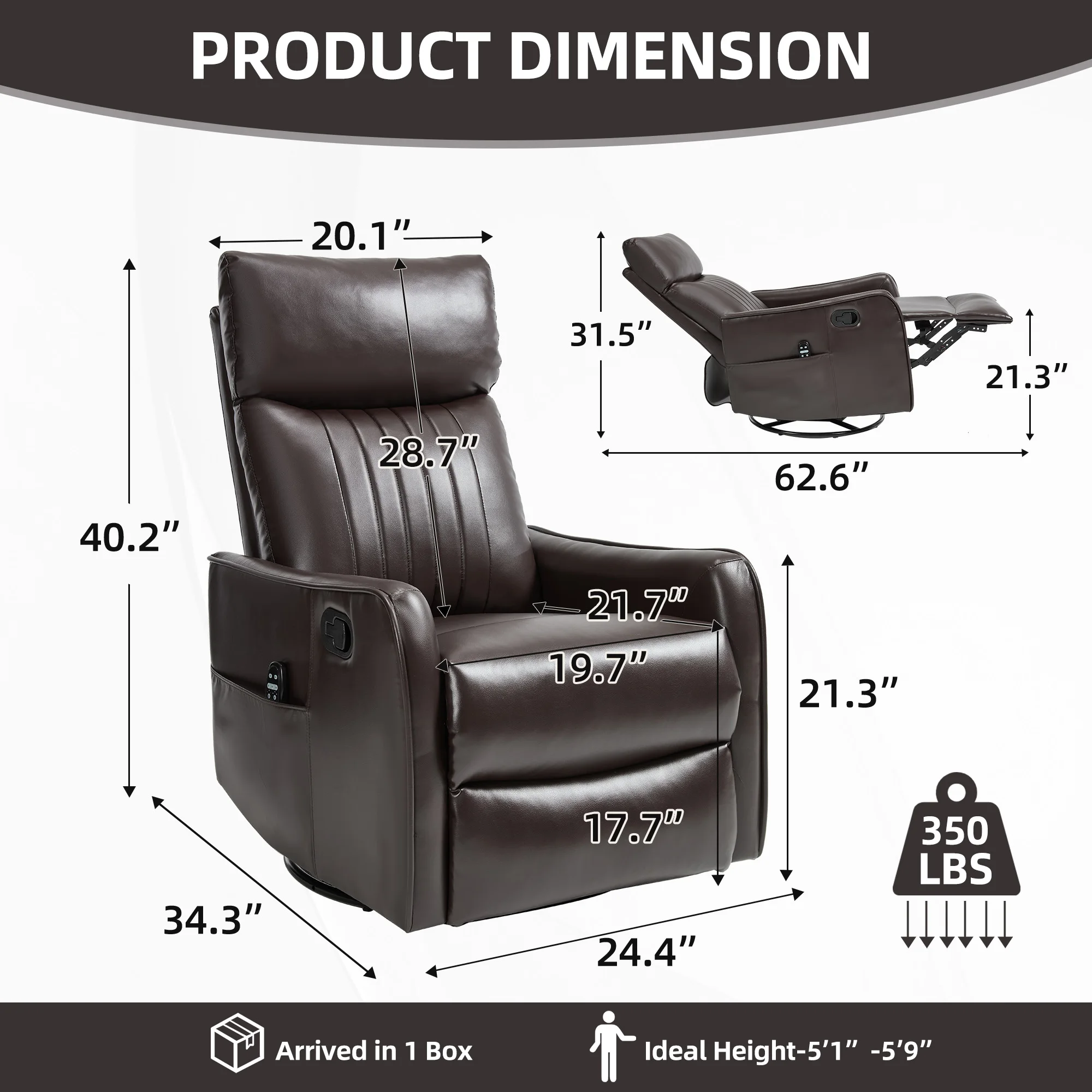 Manual Recliner Chair with Heat & Massage, Brown Faux Leather Rocker Swivel Accent Chair for Living Room view 2