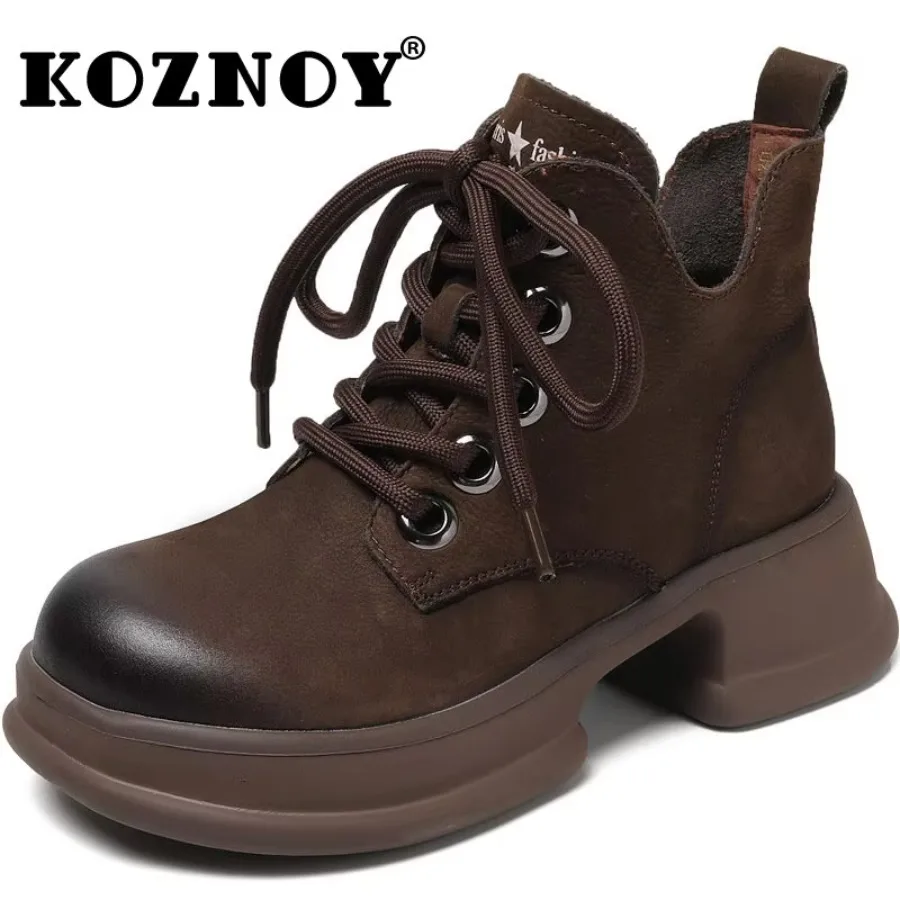 Koznoy 5cm New Natural Cow Genuine Leather Moccasins for Women British Mid Calf Ankle Boots Platform Spring Autumn Zipper Shoes