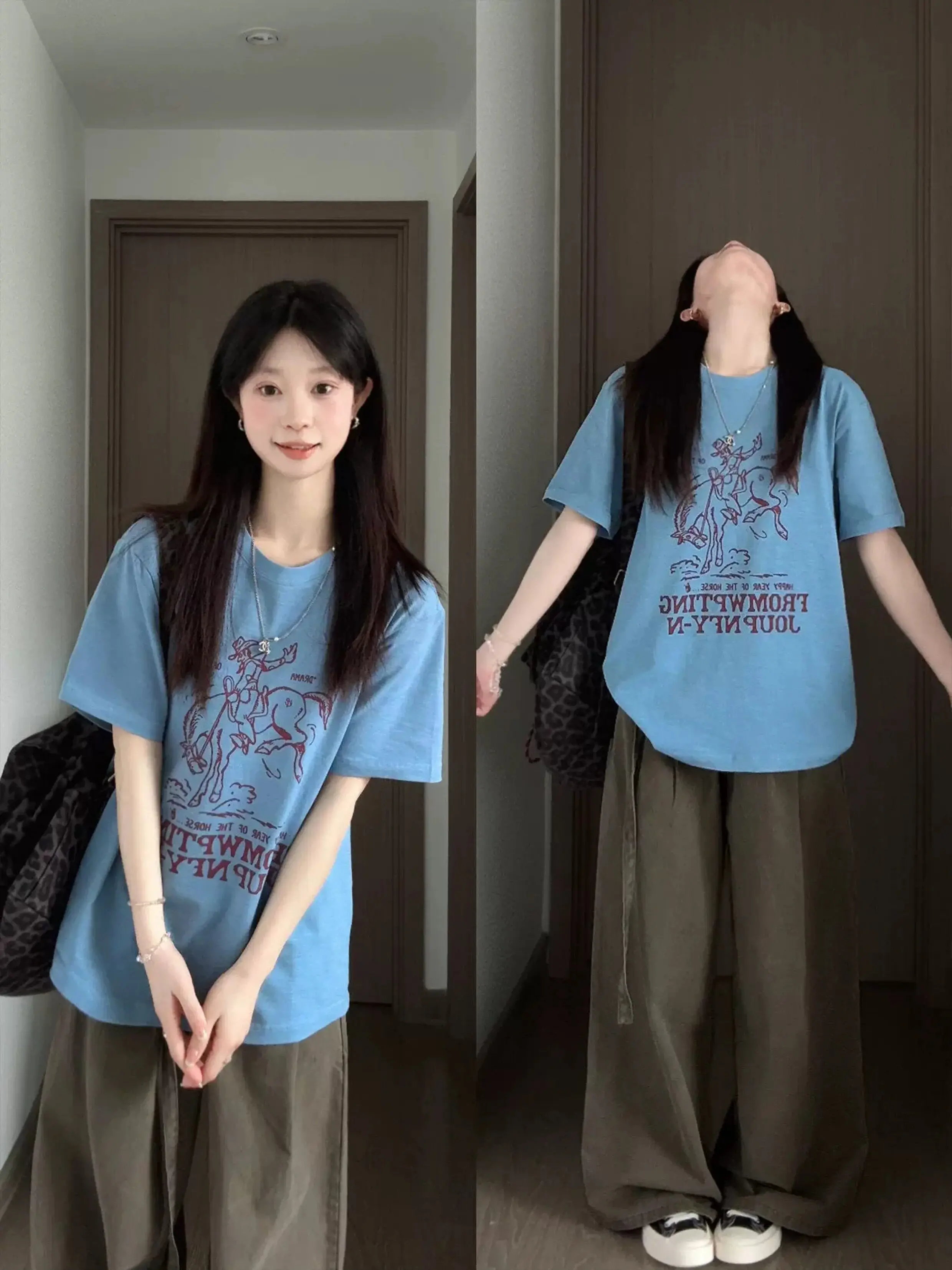 Retro Korean Style Short Sleeve T-Shirt Women's Summer New Loose Top Printed Fun Design Commute Friendly Breathable Light Weight