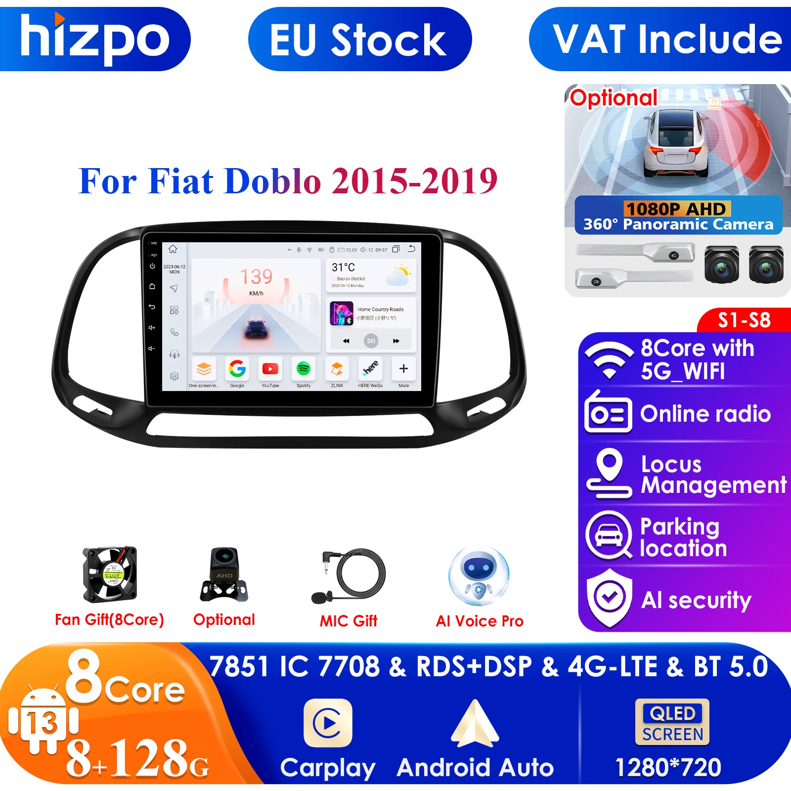 9 ''10.33'' 7862 CarPlay 4G 2Din Android per Fiat Doblo 2015-2019 Autoradio Lettore multimediale