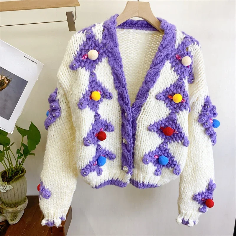 Handmade Knit Chunky Cardigan Christmas Sweater Women 2023 Winter Clothes