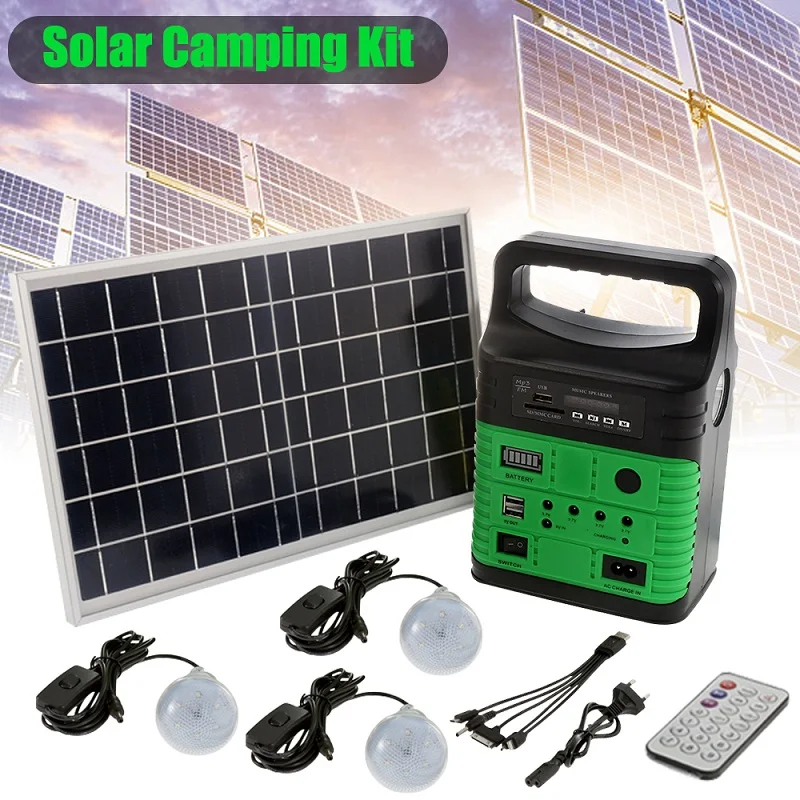 

10W Green Portable Camping Solar Power System Kit Solar Panel + Radio + 3 LED Bulbs + Remote Control OutdoorLED Lighting System