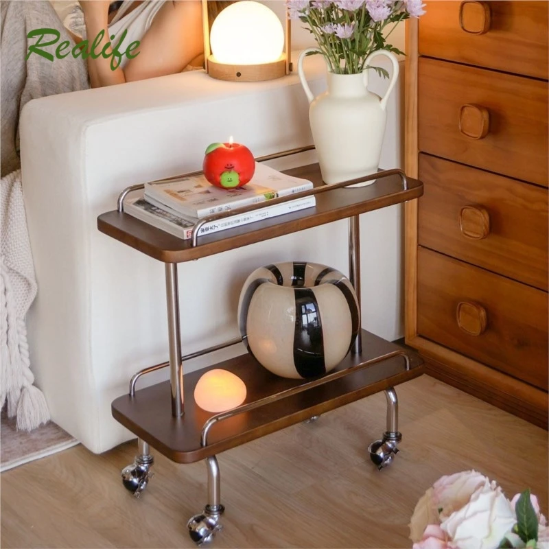 realife-中世古代可動トロリーサイドテーブルヴィンテージ無垢材コーヒーテーブル雑誌本棚ベッドサイド収納棚-2026