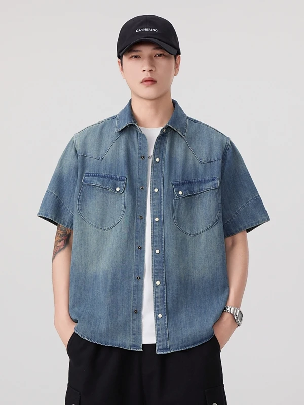 

Retro Waed American Sle Heavyweight Denim ort Sve irt Men's Casual Loose Fit Lightweight Summer Wear Resistant