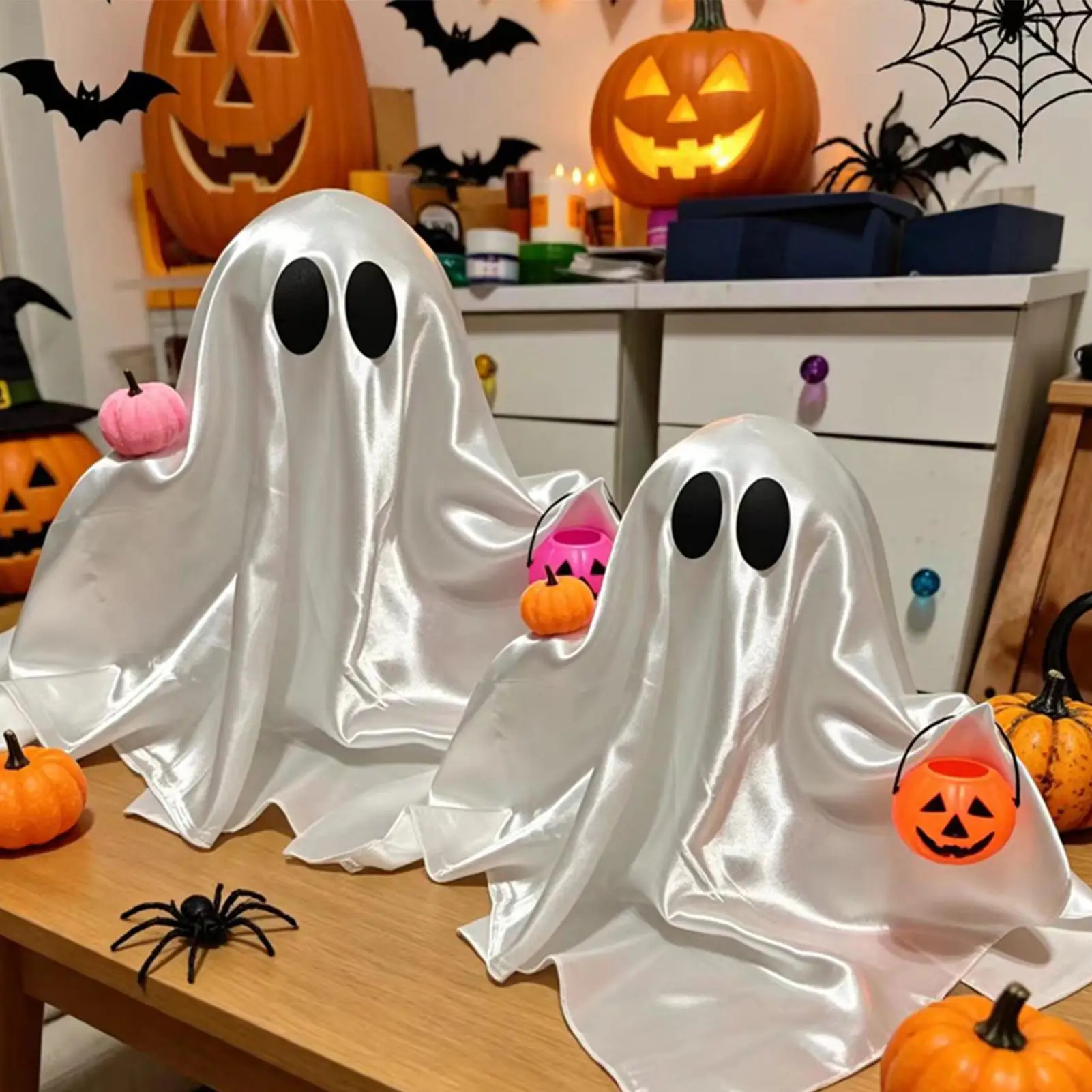 Ghost Figure Holding Pumpkin Basket Ornaments Halloween Cute Ghost Table Decor For Desk Office Home Bookshelf Bedside Nursery