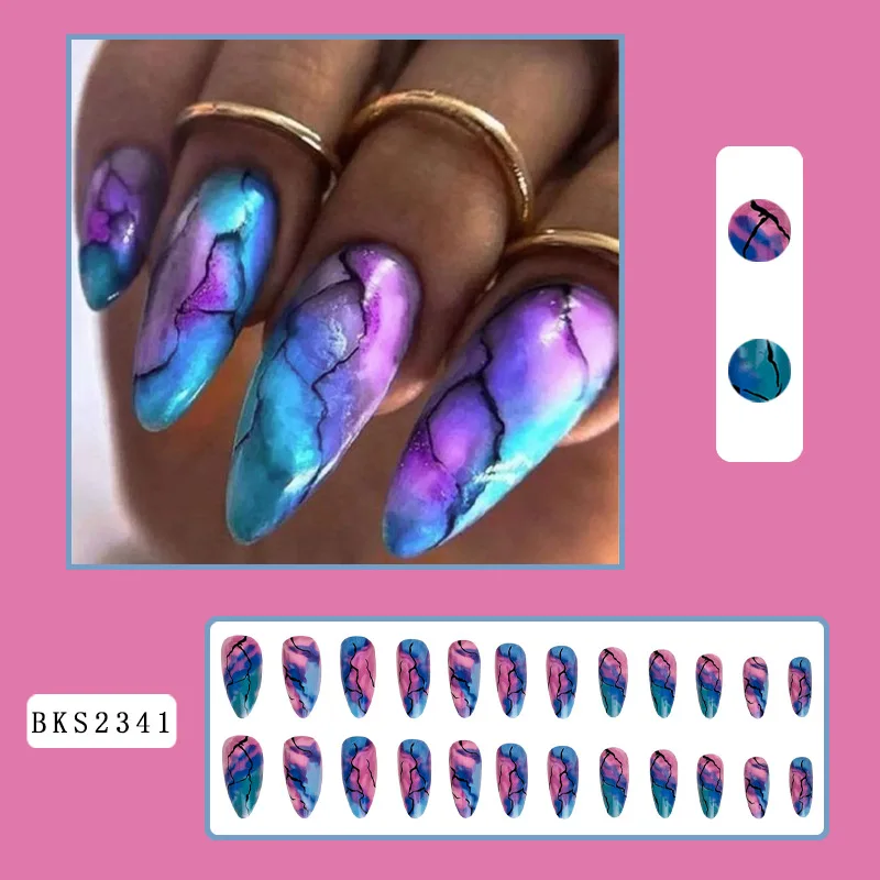 Press on Nails Medium Almond Shaped Colorful Smudge Marbling Design French False Nails Artificial Acrylic Nails Glossy Nails