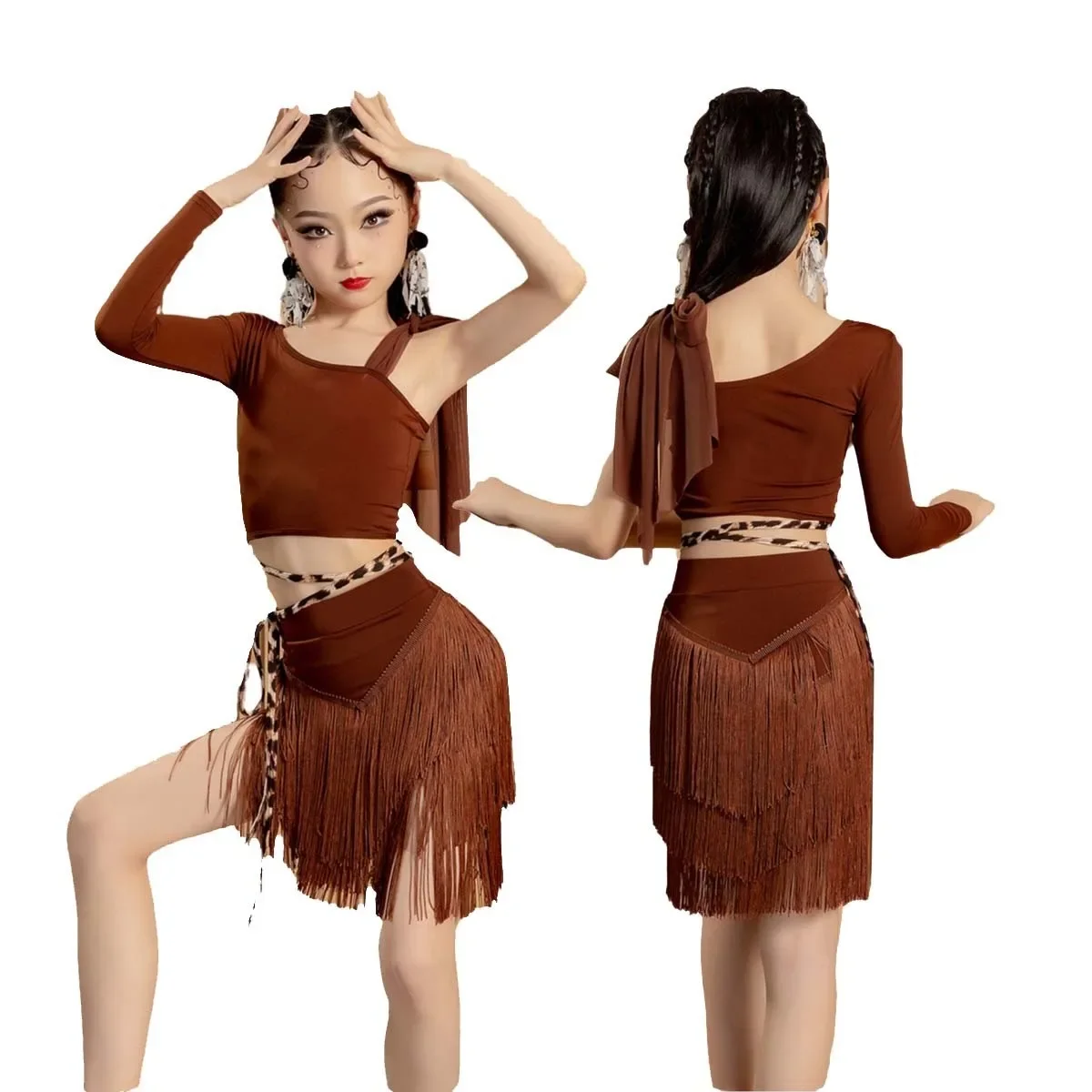 أطفال ملابس الرقص اللاتينية الفتيات بذلة سوداء طويلة الأكمام بلايز شرابة تنورة تشا تشا رومبا سامبا أزياء رقص الأمريكية اللاتينية