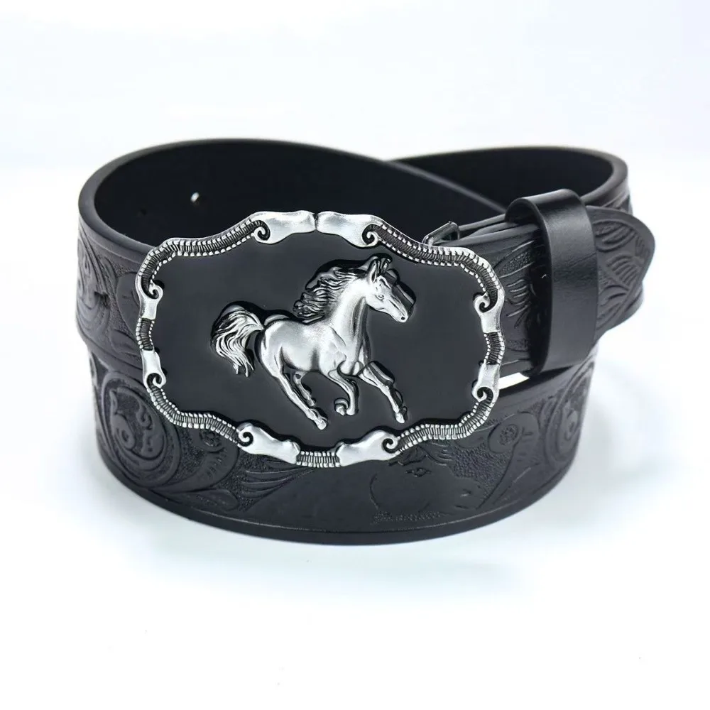 Retro Running Horse Buckle Western Cowboy Belt Luxury Design Trendy Brand Floral Embossed Belt Cowboy Waist Belt For Men Woman