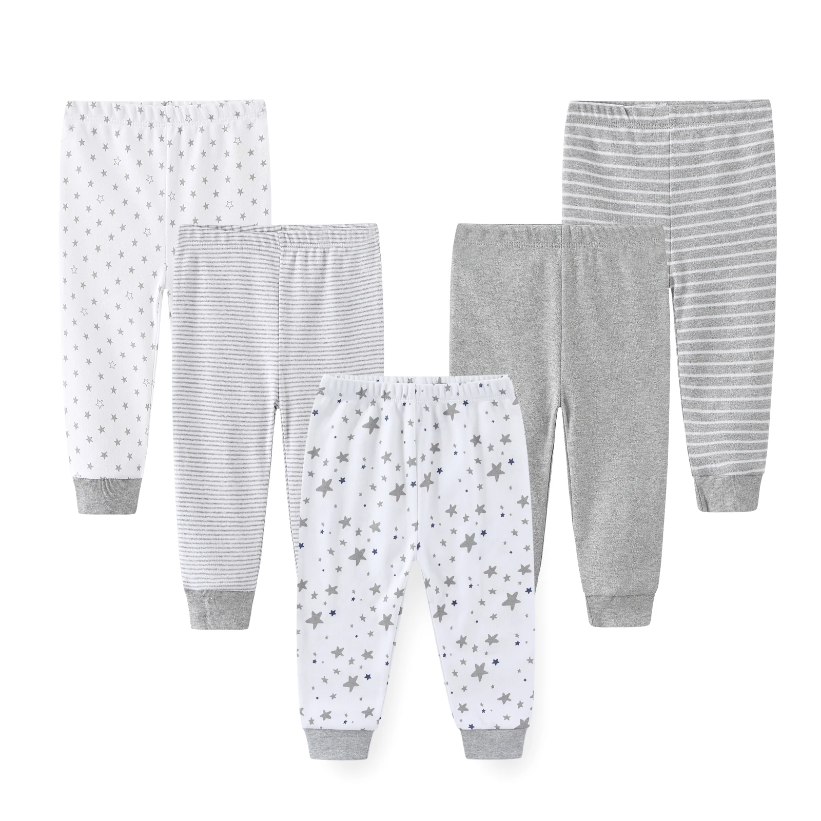 kiddiezoom 5Pcs Baby Pants Set Soft Stretchy Cotton Leggings Star Stripe Mixed Print Unisex Infant All Season Casual Outfit