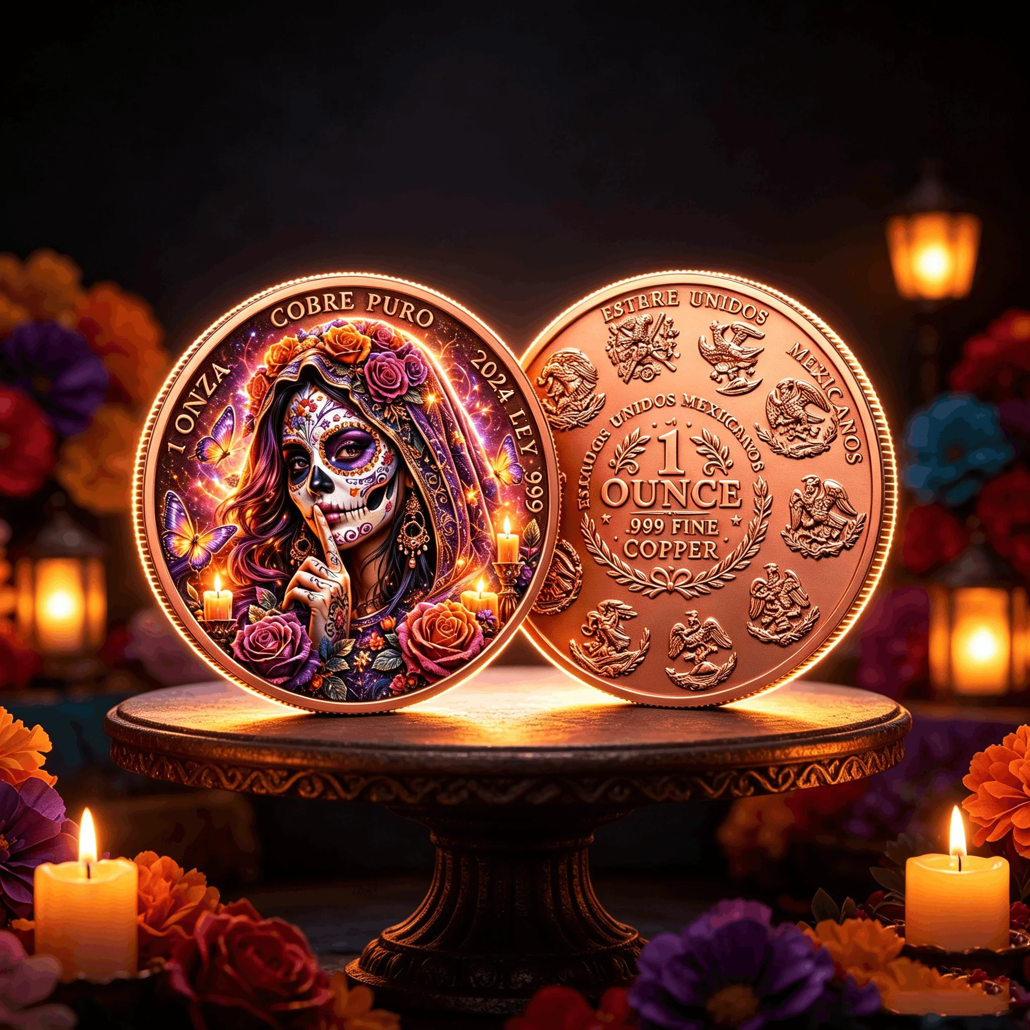 Image of 1 Unze Reine Kupfermünze Tag der Toten Rote Rose Catrina Lady 999 Feinkupfer Gedenkmedaille