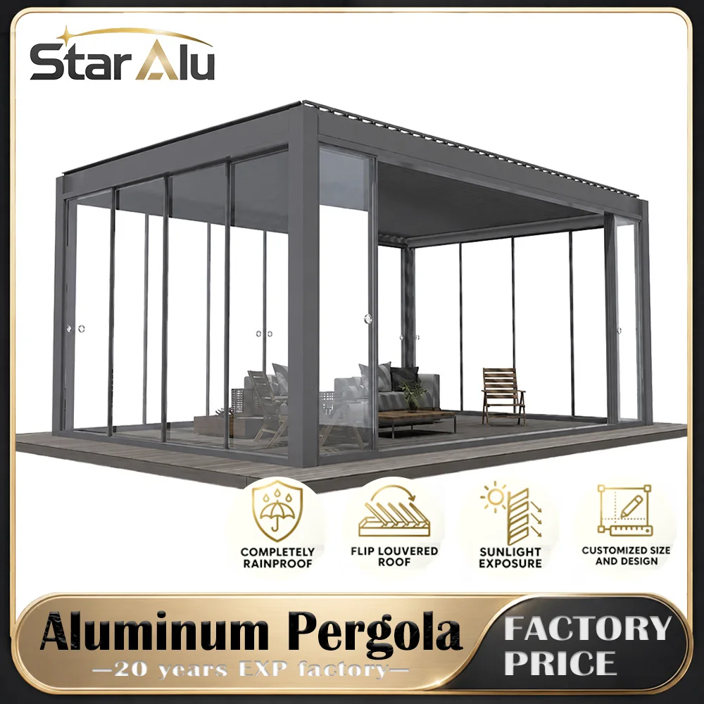 Bioclimatic 6063 T5 Aluminum Motorized Louvered Pergola LED Lighting Sliding Glass Panels Waterproof Gazebo Patio Garden Custom
