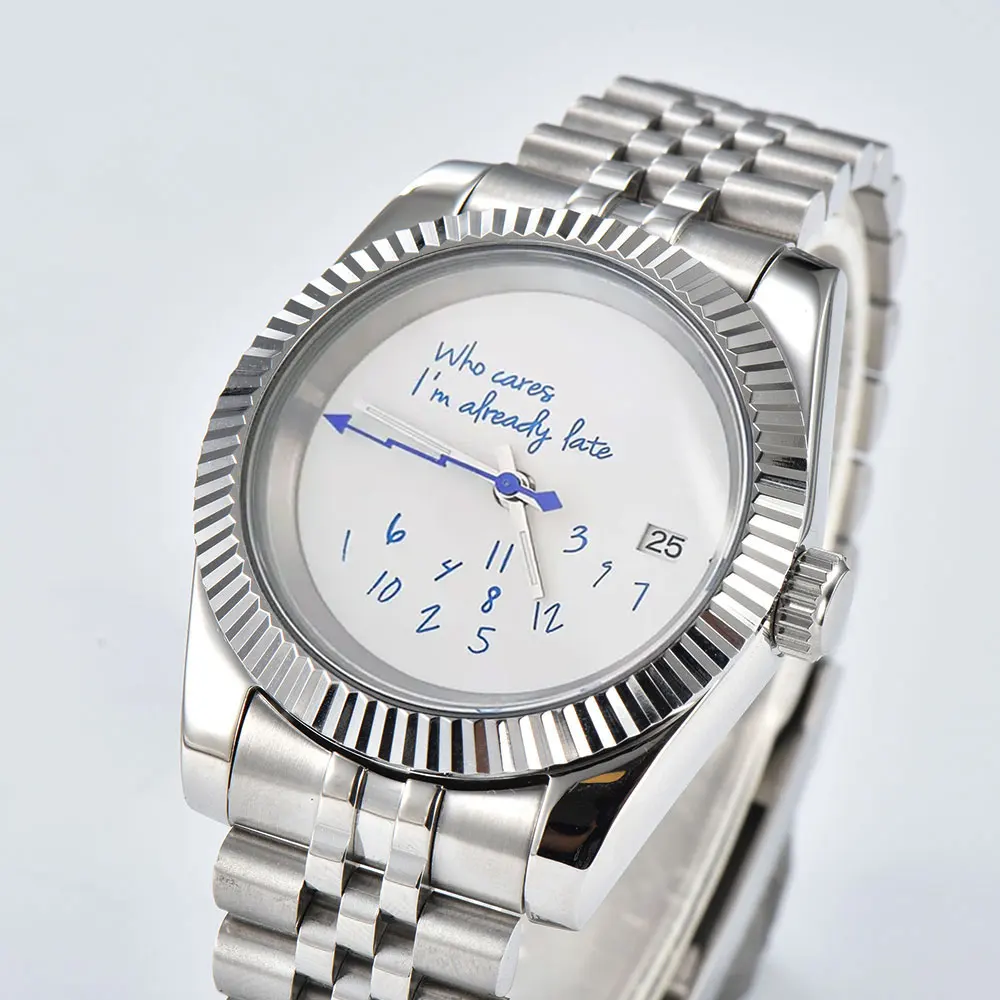 Montre mécanique automatique, 36mm/39, mouvement NH35, "qui cares, je suis déjà en retard", verre saphir, bracelet en acier inoxydable