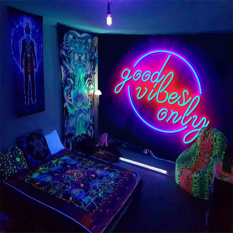 1PC Good Vibes Only fluoreszierender Wandteppich, farbenfroher und schöner UV-Schwarzlicht-Wandteppich, Raumdekorations-Wandteppich