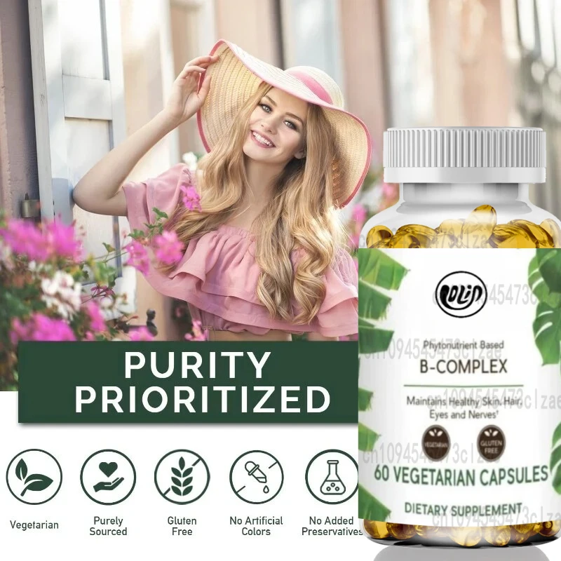 Vitamin B Complex 60 Capsules Supplement for Energy Metabolism Nerve Function 100% Natural Vegetarian Capsules