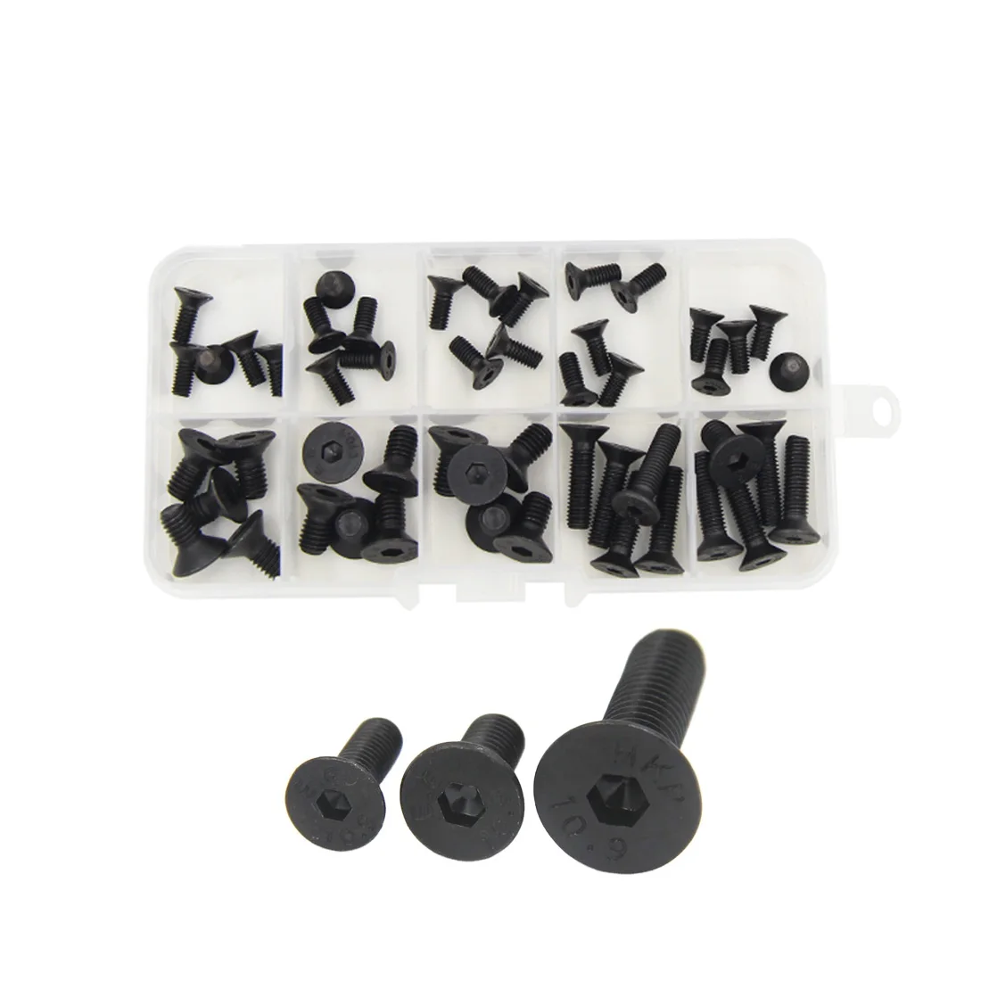 Multi-Size Combination Set of M2--M5 Countersunk Head Hex Socket Screws, DIN7991, Carbon Steel Grade 10.9, Black Oxide Finish